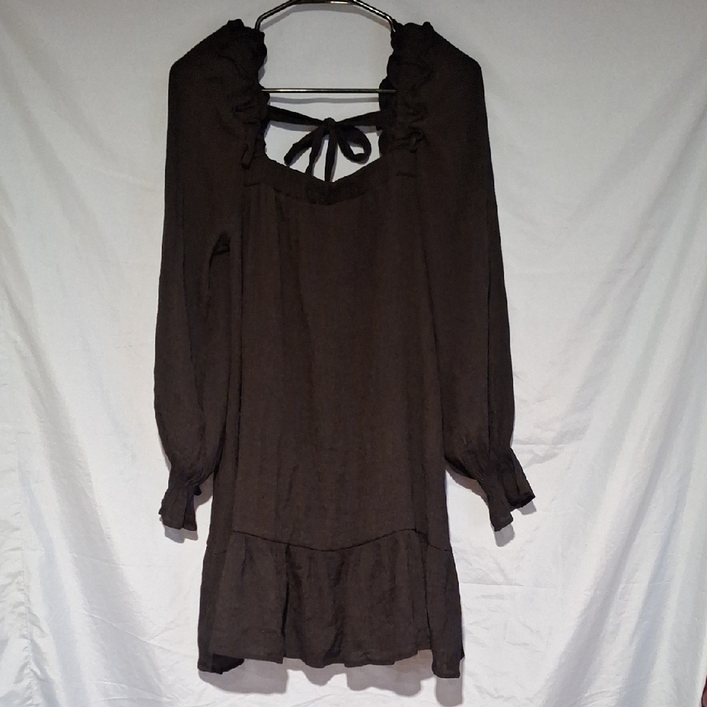 Women's Black Square Neck Long Sleeve Dress with Ruffle Details Size Small